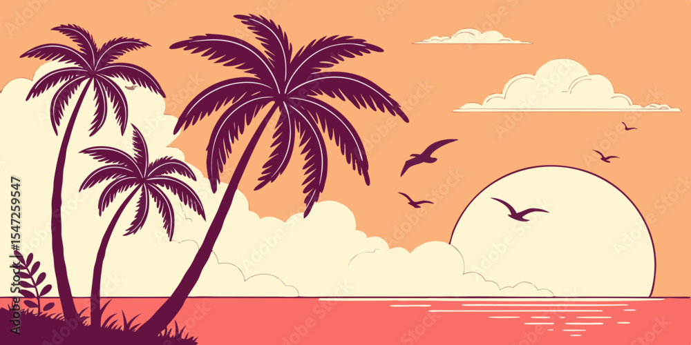 Fototapeta premium Flat Vector Sunset Beach Scene Minimal Tropical Artwork with Tall Dark Purple Palm Trees