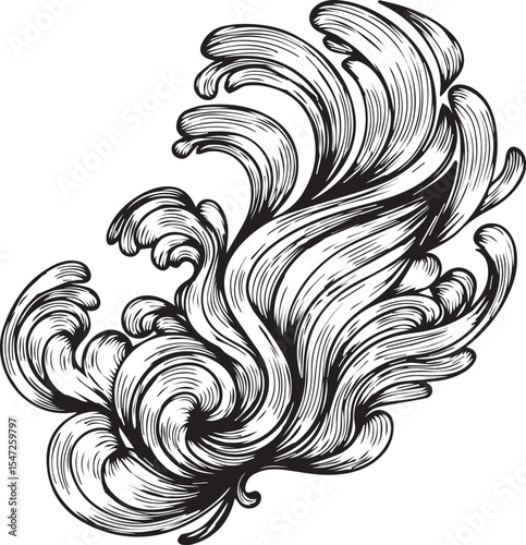 Antique Engraved Floral Ornament Featuring Decorative Swirls A Retro Botanical Design Element With Etched Lines