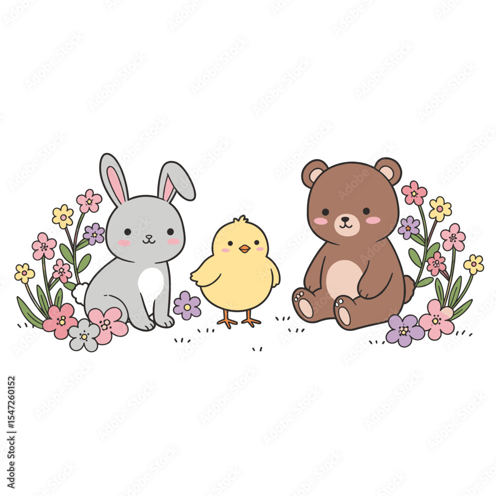 Naklejka premium Adorable Bunny, Chick, and Bear in Springtime Floral Garden