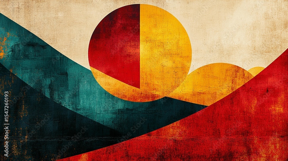 Naklejka premium Abstract Geometric Art: Red, Yellow, Teal