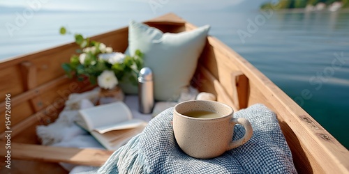 Cozy morning in a rowboat with warm drink and soft blanket over calm lake