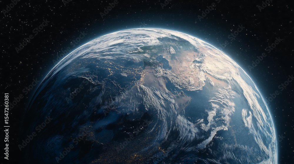 Obraz premium A view of earth from space with visible continents clouds and stars in the background darkness