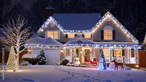 Beautiful snow-covered house decorated with bright Christmas lights, glowing trees, and holiday figures, symbolizing celebration, tradition, warmth, and festive joy