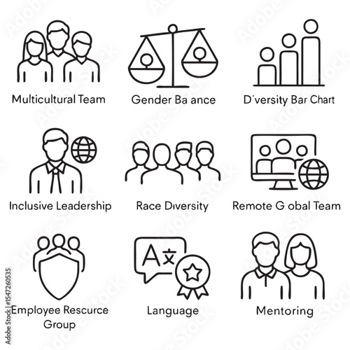 Minimalist Black and White Outline Vector Icons of Workplace Diversity and Inclusion – Modern Business Concept Line Art
