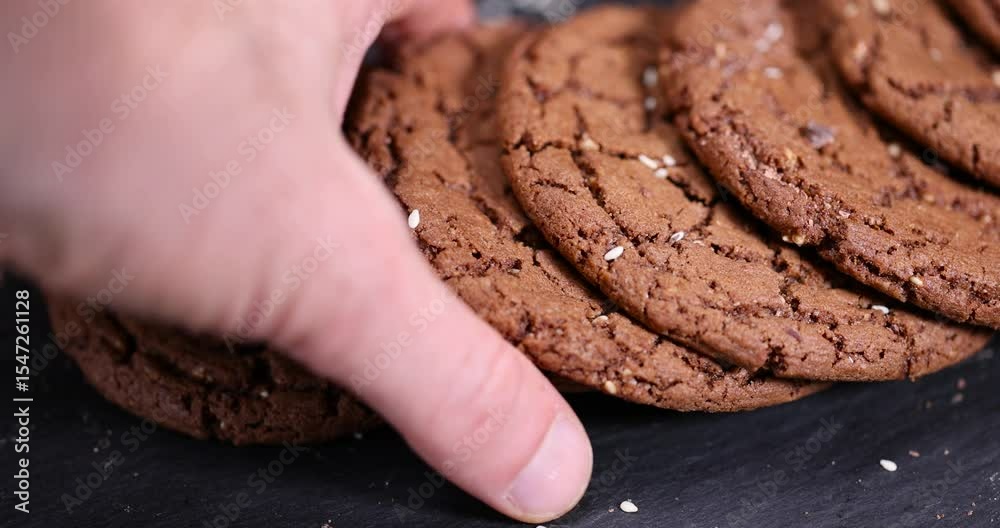 chocolate-flavored biscuits with sesame seeds on the table