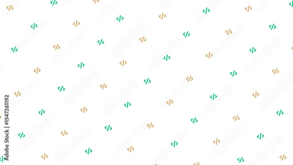 Muted green and soft yellow mini coding icons drift upward with gentle rotation on a white background. Seamless loop symbolizing digital programming flow, code culture, and modern dev aesthetics.