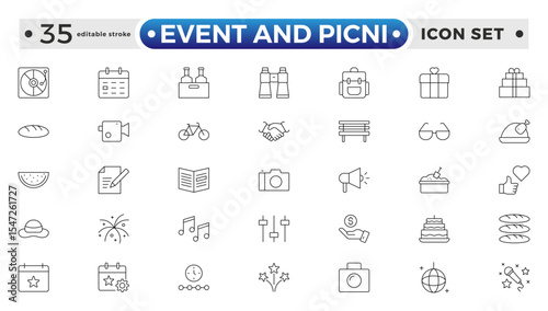 Event and Picnic Outline Icon Set – Food, Drinks, Outdoor Fun, and Festive Gatherings. Editable stroke outline icon.
