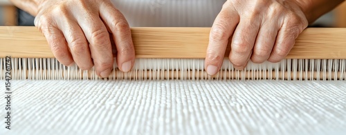 Close-up view of hands working on traditional wooden weaving loom with white thread, showing detailed textile craftsmanship and artisanal process in progress.