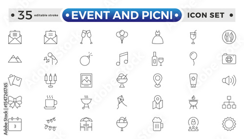 Event and Picnic Outline Icon Set – Food, Drinks, Outdoor Fun, and Festive Gatherings. Editable stroke outline icon.
