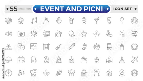 Event and Picnic Outline Icon Set – Food, Drinks, Outdoor Fun, and Festive Gatherings. Editable stroke outline icon.
