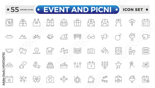 Event and Picnic Outline Icon Set – Food, Drinks, Outdoor Fun, and Festive Gatherings. Editable stroke outline icon.
