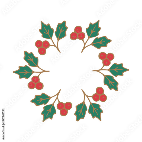 Minimal Christmas wreath with holly leaves and berries, festive holiday decoration, simple flat vector illustration, white background, green and red colors. Vector illustration