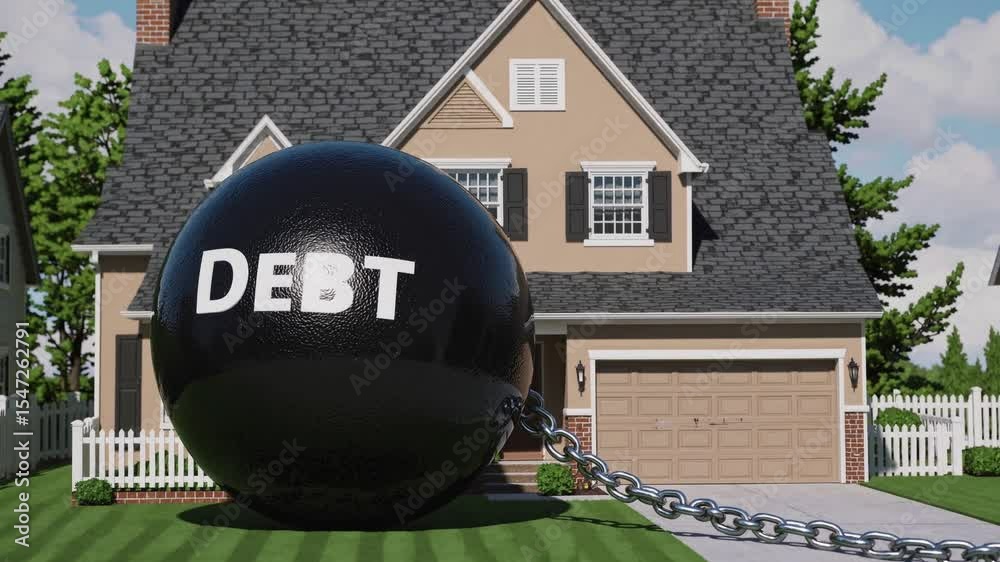 Large black ball labeled DEBT attached to suburban home, concept of crushing mortgage, financial struggle, housing crisis, loan burden, debt trap, personal finance, economic pressure, real estate