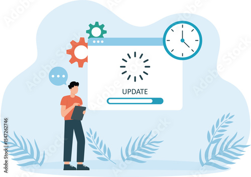 Update,download system concept, internet, updating, installation, man with smartphone
