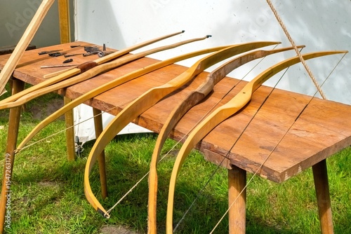 Reenactment Gear: Wooden Bows and Iron Arrowheads. Craftsmanship of Ancient Archers.
