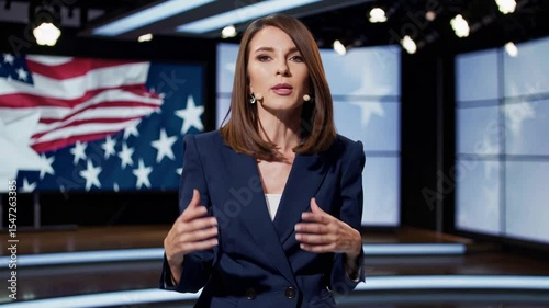 Professional female news anchor in modern television studio with American flag backdrop, delivering political commentary, government news, election coverage, broadcast journalism, national update