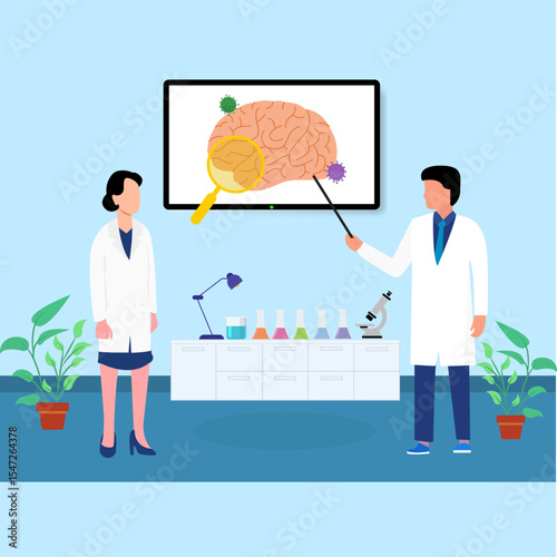 Doctors analyzing brain for tumors or problems in the laboratory Illustration