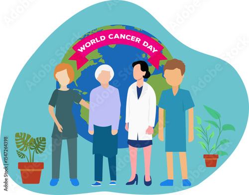 Female doctor with cancer patients celebrate world cancer day Illustration