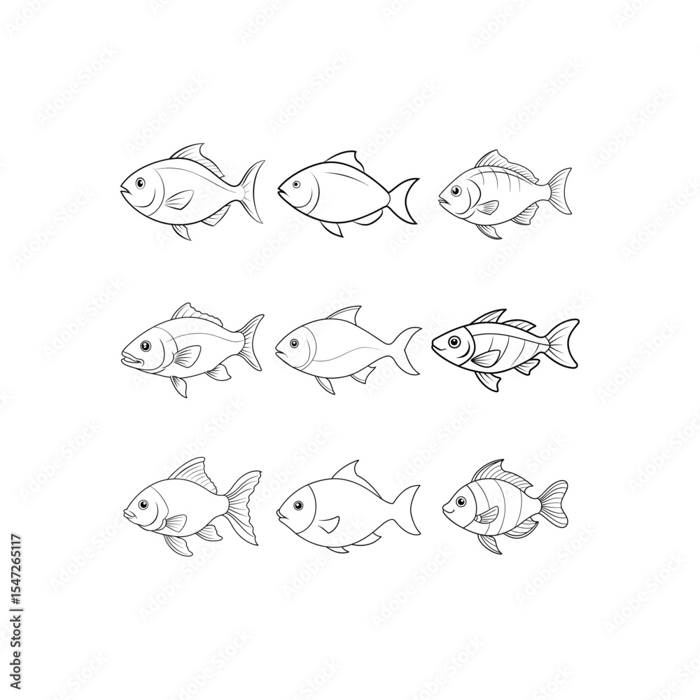 Obraz premium Black and white Fish set illustration for coloring page