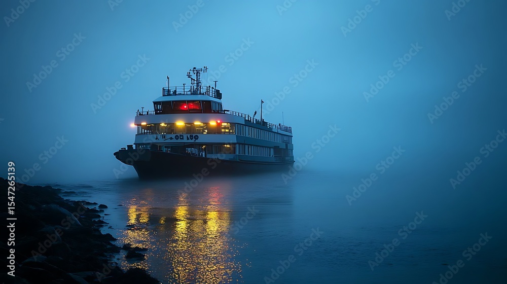 Fototapeta premium Ferry leaning to one side, passengers not visible, emergency lights glowing