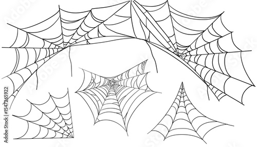 Spiderweb corner line border, gothic scary hanging net frame. Simple spooky halloween decoration. Cobweb spider trap.