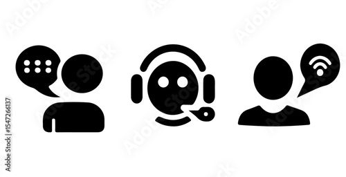 Black silhouette icons representing customer service support and communication assistance online and digital