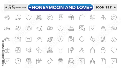 Honeymoon and Love Outline Icon Set – Romance, Weddings, Travel, and Celebrations. Editable stroke outline icon.
