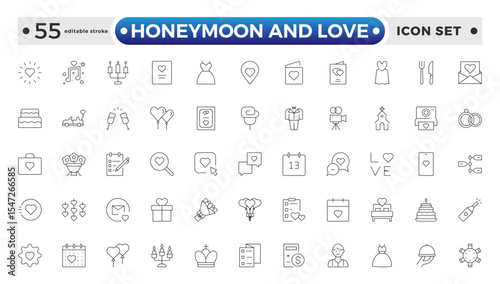 Honeymoon and Love Outline Icon Set – Romance, Weddings, Travel, and Celebrations. Editable stroke outline icon.
