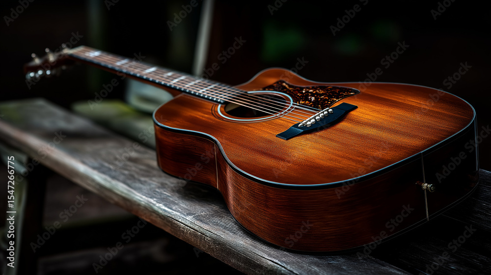 Obraz premium Acoustic guitar on wooden bench, detailed texture in warm light – timeless musical elegance.