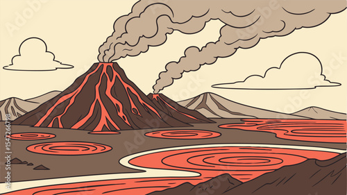Volcanic Landscape Design Element: Erupting Volcano and Lava Flows