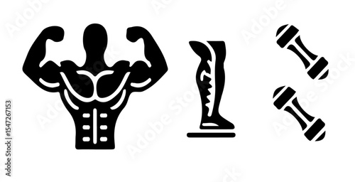 Icons depicting muscular torso legs and dumbbells for fitness or workout related content and design work