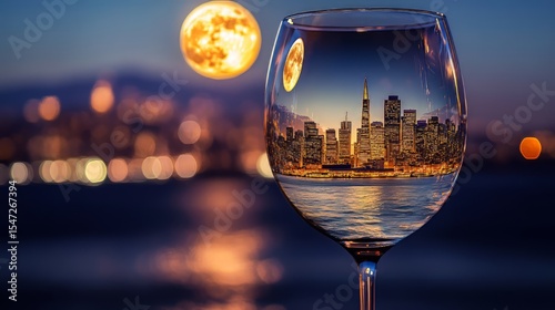 Wine glass with a miniature image of the city of San Francisco illuminated by moonlight. 