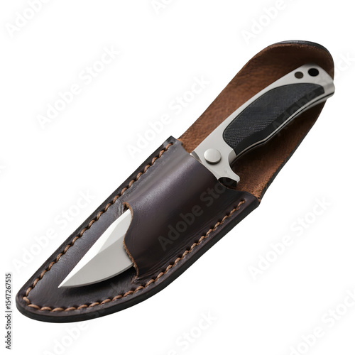 Фотография Knife with silver blade and black handle in a brown leather sheath