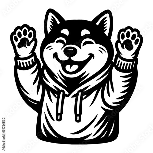 Cute Shiba Inu Dog Waving Hand in a Hoodie Black and White Outline Line Art Drawing