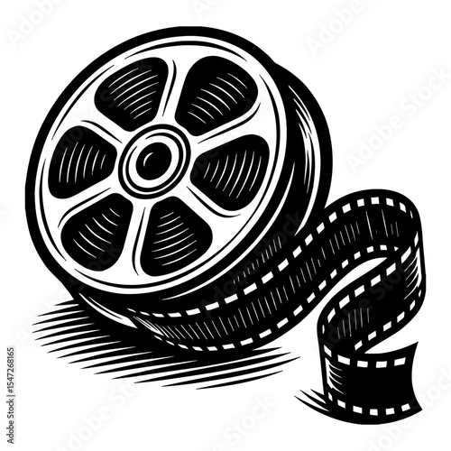 Reel of Film DuaSatu in Retro Style Black and White Outline Line Art Drawing Illustration Design