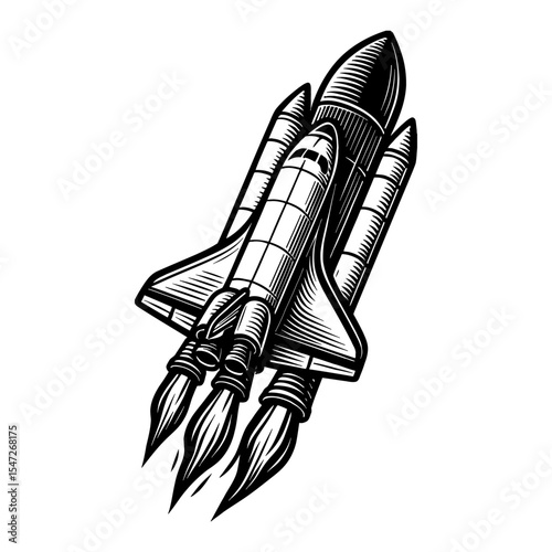 Rocket Launching into Space Black and White Outline Line Art Drawing Vintage Style Design