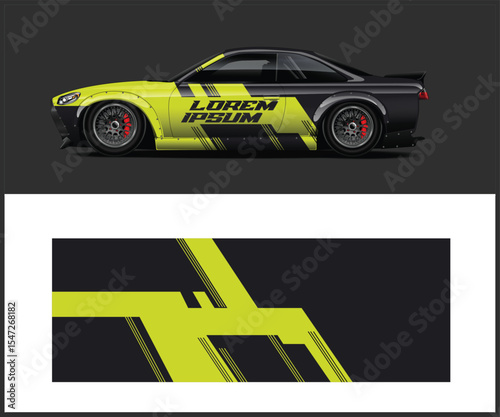 Sleek Sports Car with Bold Yellow and Black Racing Graphic Wrap Design