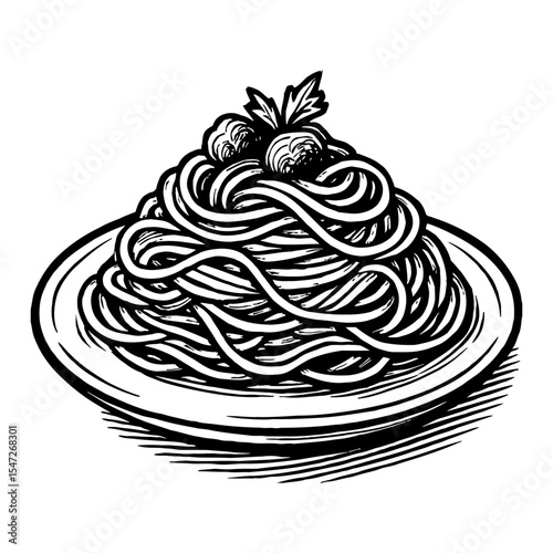 Spaghetti Pasta and Meatballs on Plate Black and White Outline Line Art Drawing Illustration