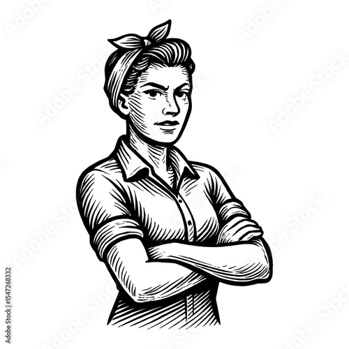 Rosie the Riveter Woman With Arms Crossed Black and White Outline Line Art Drawing Portrait