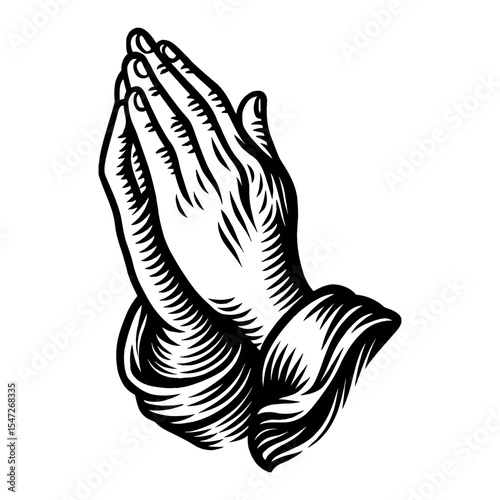 Praying Hands Vintage Gesture Black and White Outline Line Art Drawing Style Detailed Engraving