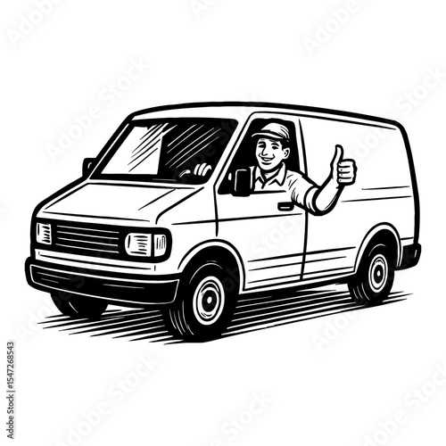 Delivery Man Driving Van Giving Thumbs Up Black and White Outline Line Art Drawing