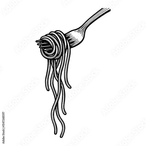 Black and White Outline Line Art Drawing of Spaghetti on Fork Vintage Style Food