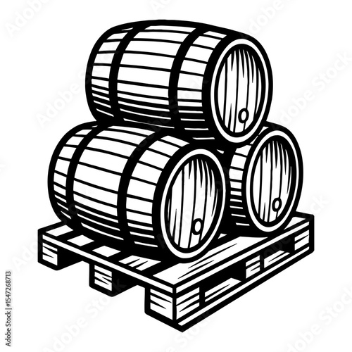 Stack of Three Barrels on Pallet Black and White Outline Line Art Drawing on Transparent BG