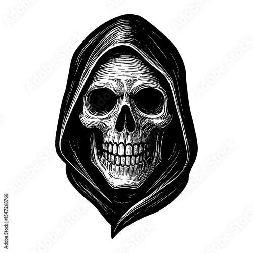 Skull Grim Reaper with Hood Head in Black and White Outline Line Art Drawing
