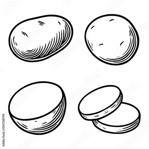 Potatoes Vegetable Food Hand Drawn Collection Black and White Outline Line Art Drawing