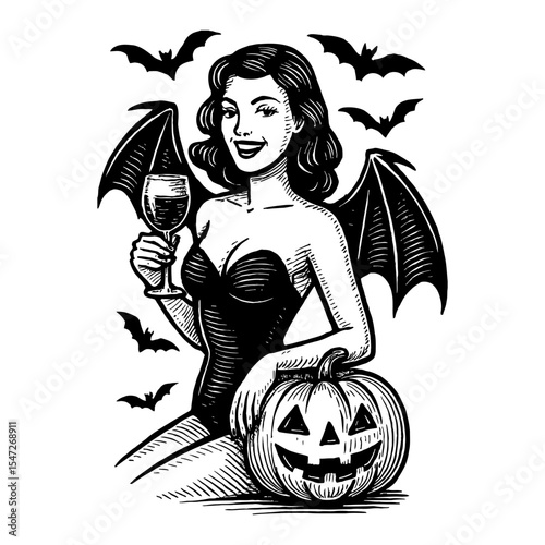 Woman with Wine and Bat Wings Leaning on Pumpkin Black and White Outline Line Art Drawing