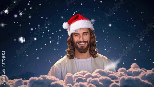 Smiling Jesus Christ in Santa hat among clouds with snowflakes, Christmas holiday, festive religious joy, Christian celebration, spiritual peace, winter, hope, divine blessing, love