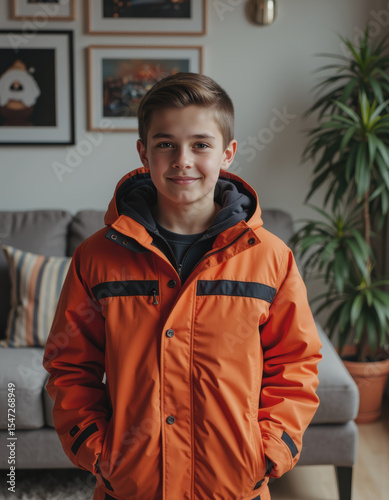 Boy wearing a bright orange bobsleigh jacket in a cozy living room