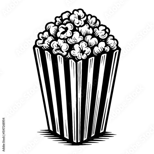 Popcorn in Striped Box Black and White Outline Line Art Drawing Vector Illustration