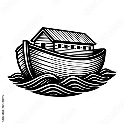 Noah's Ark Boat on Water Black and White Outline Line Art Drawing Detail Engraving